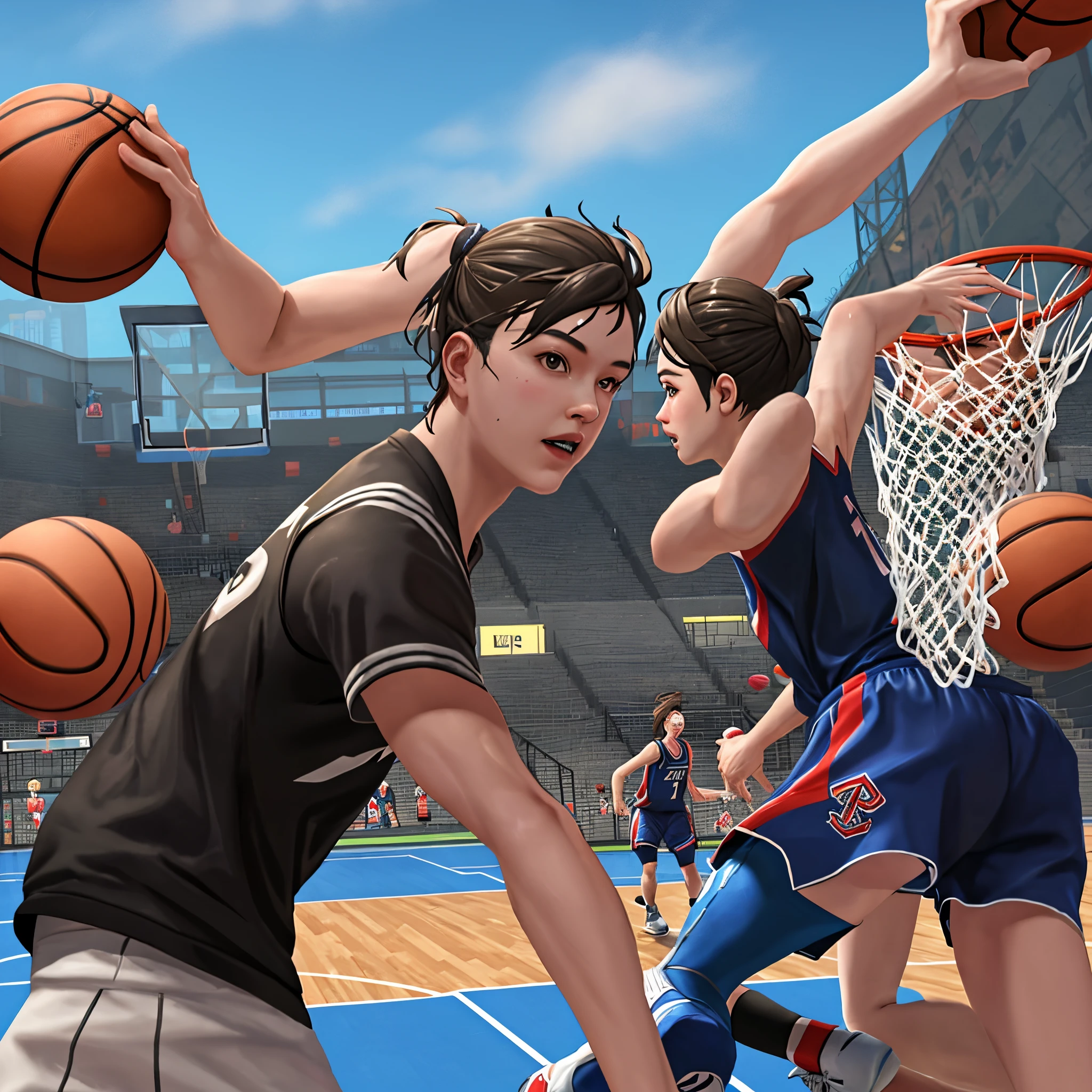 Arafed image of two young men playing basketball in a stadium - SeaArt AI