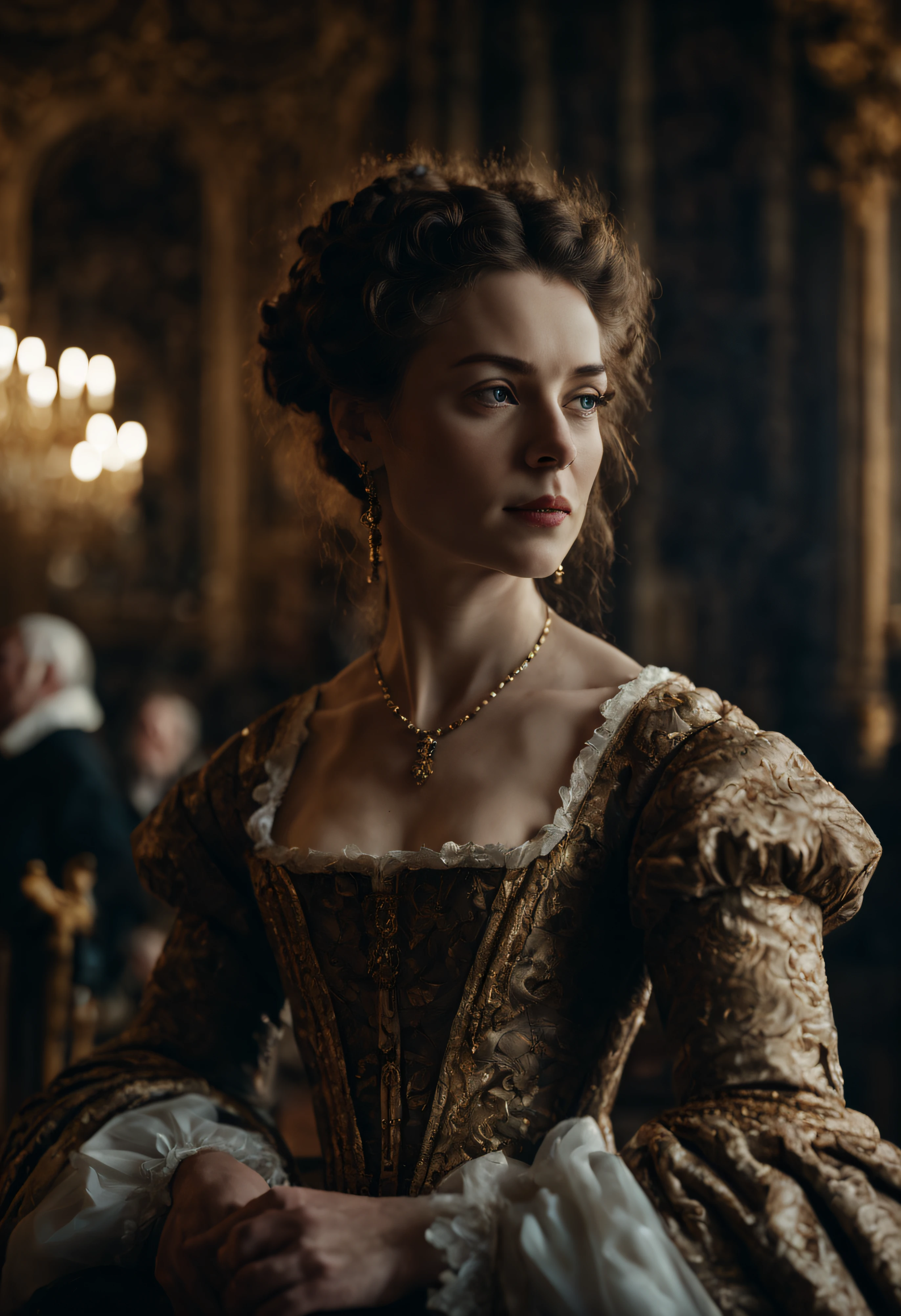 photograph close up portrait of a woman in a ballroom in 17th century, cinematic 4k epic detailed 4k epic detailed photograph shot on kodak detailed bokeh cinematic hbo dark moody