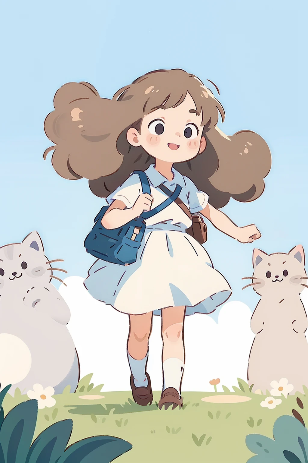 Girl, long hair, round face, big eyes, long white skirt, smile, schoolbag, skirt blowing in the wind, a cat, spring, Panorama, front