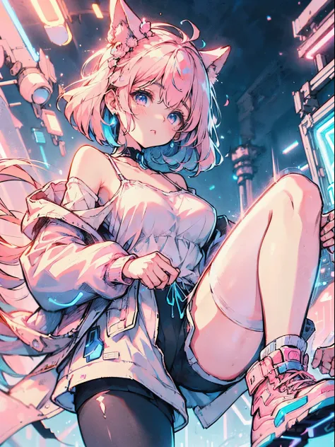 (best quality, masterpiece:1.4), extremely details 8K unity CG wallpaper, high resolution, (anime style, 2D illustration), 1 girl, (cyberpunk impact), bad girl, ((pink Eye shadow)), (Expressionless), earring, ((pink hair|blue hair|bob hair)), blue lipstick...