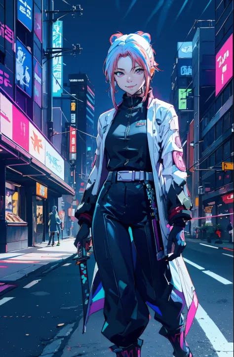 (best quality, masterpiece:1.2), (detailed skin:1.1), cyberpunk, ray tracing, HDR, 1girl, akira costume, unmasking, pink hair, e...