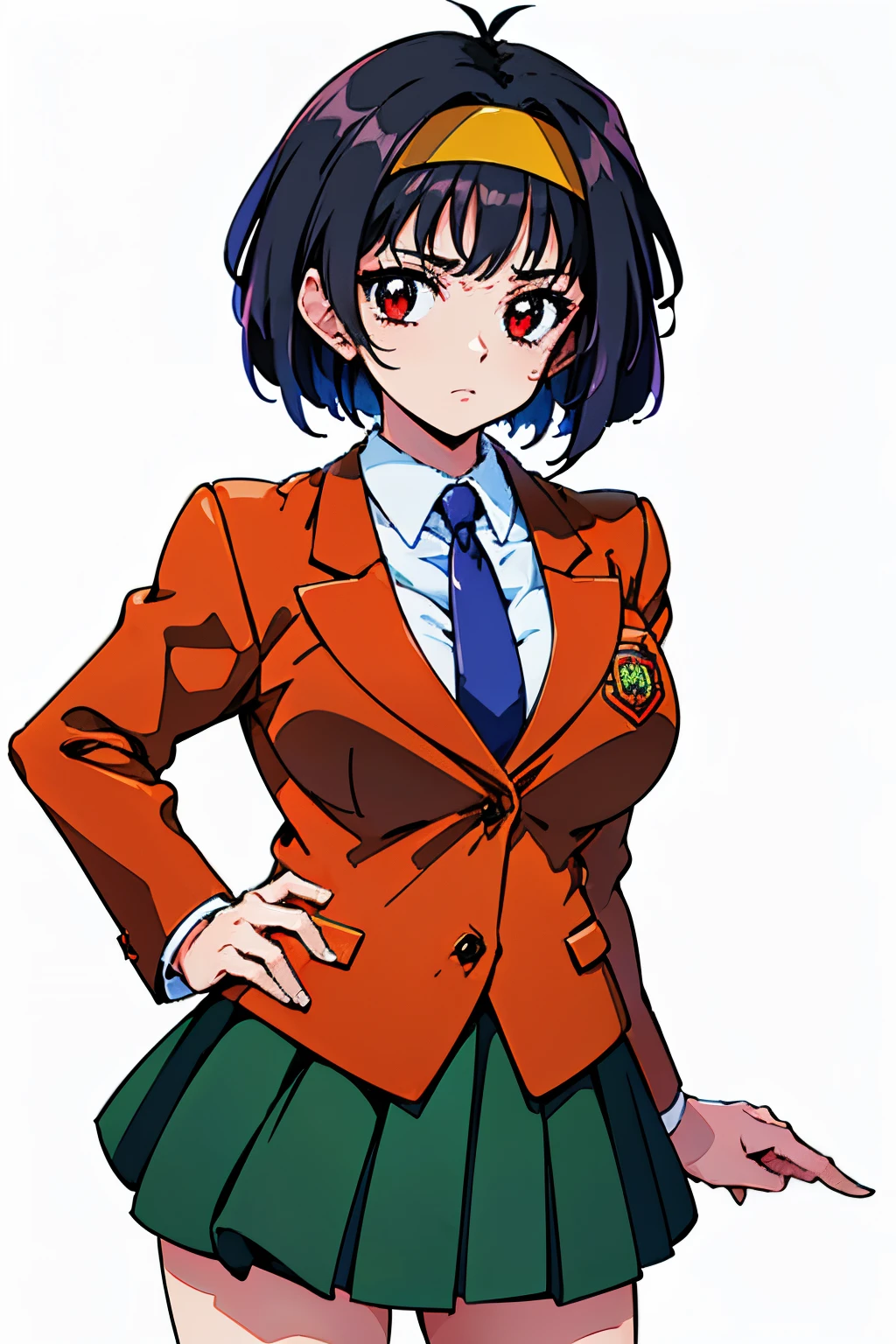 (hightquality、high-level image quality、masutepiece、4K,8K)、Red Eyes,blac hair,short-hair,ryoko, red eyes, large breasts, hairband, blue necktie, blazer, school uniform, winter , green skirt,