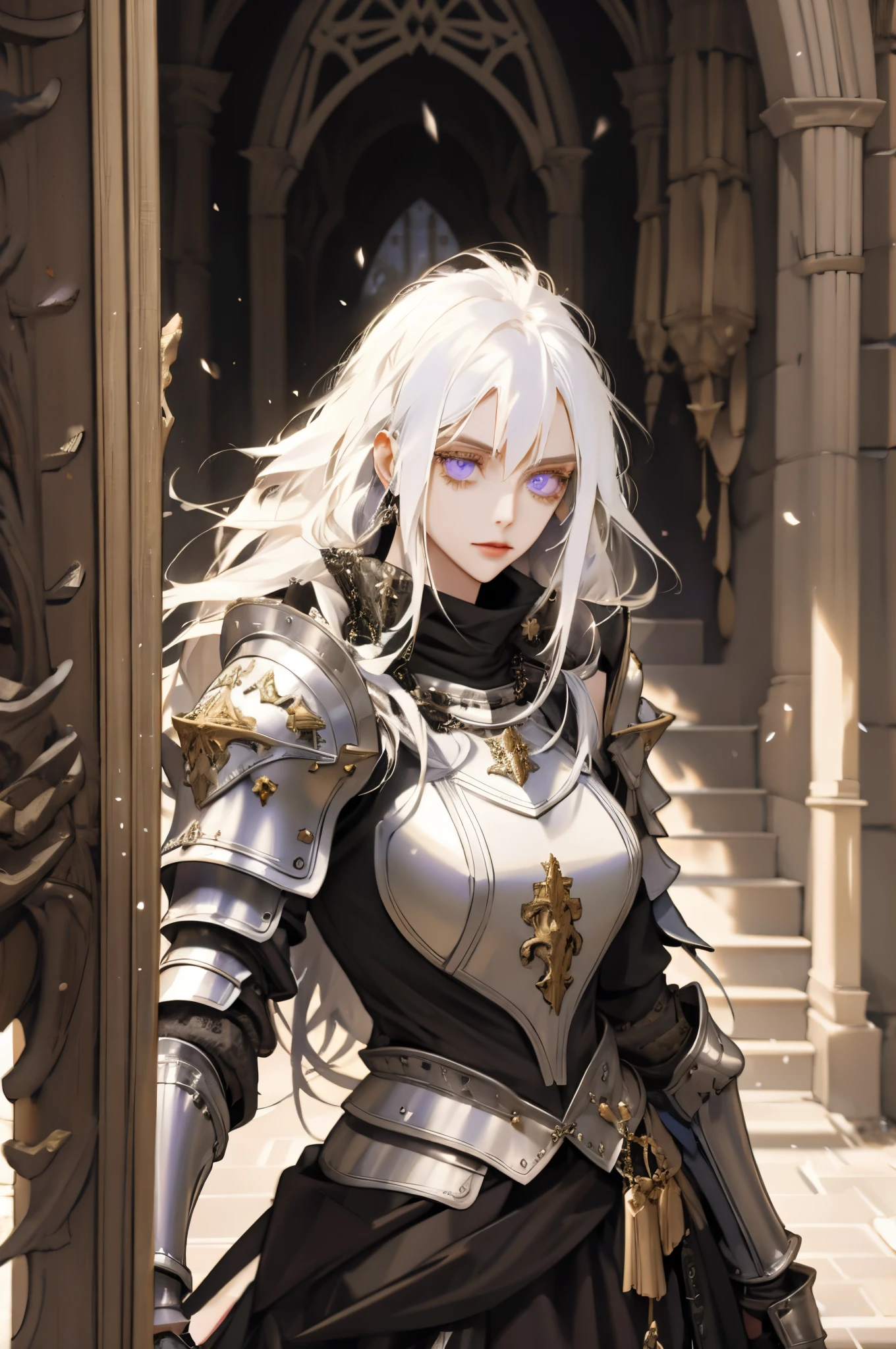 female,long white hair, lavender amethyst eyes,beautiful,intelligent,slender body,calm,princess,mastermind strategist,wearing a black armored dress,breast armor,medieval fantasy,in a castle,portrait,details, lavender eyes