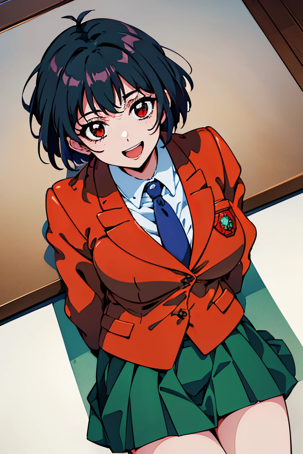 pov,(hightquality、high-level image quality、masutepiece、4K,8K)、Red Eyes,blac hair,short-hair,Lyoko, Red Eyes, Large breasts, shairband, blue necktie, Blazer, , winter , Green skirt,Happy smile,Opening Mouth