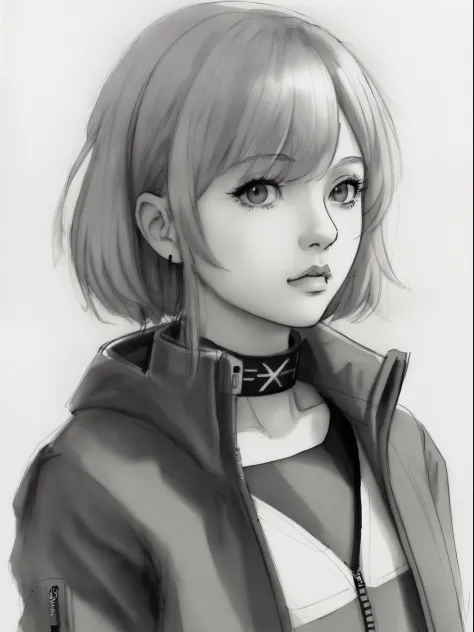 sketch artstyle, graycale, monochrome, ((solo)), 1girl, techwear jacket