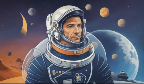 pintura de um homem em um traje espacial com planetas ao fundo, Retrato do astronautaa, Retrato de um astronautaa de IA, Retrato...