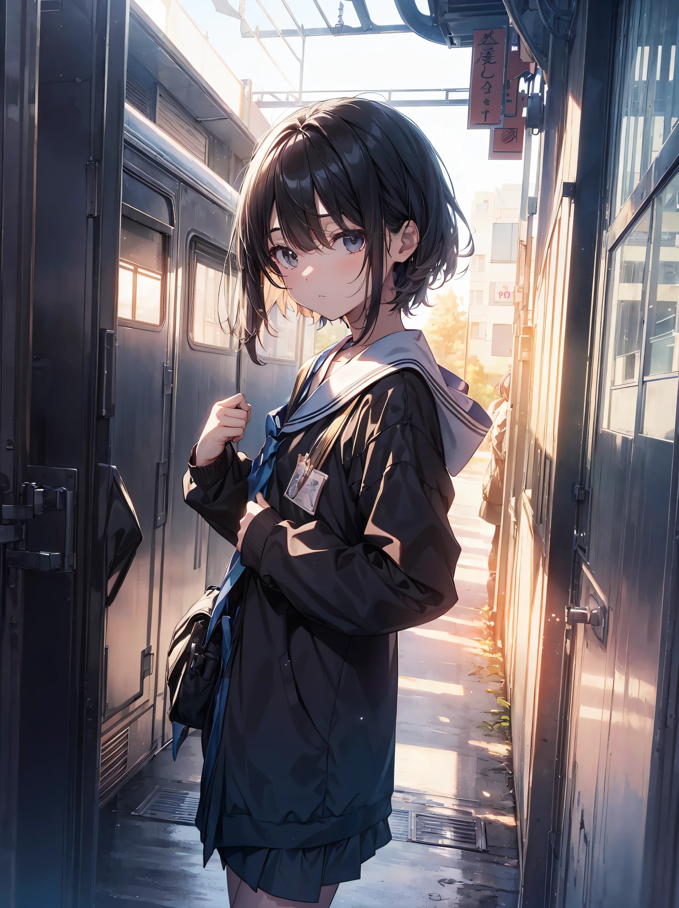 Anime girl standing in doorway of train station with umbrella - SeaArt AI