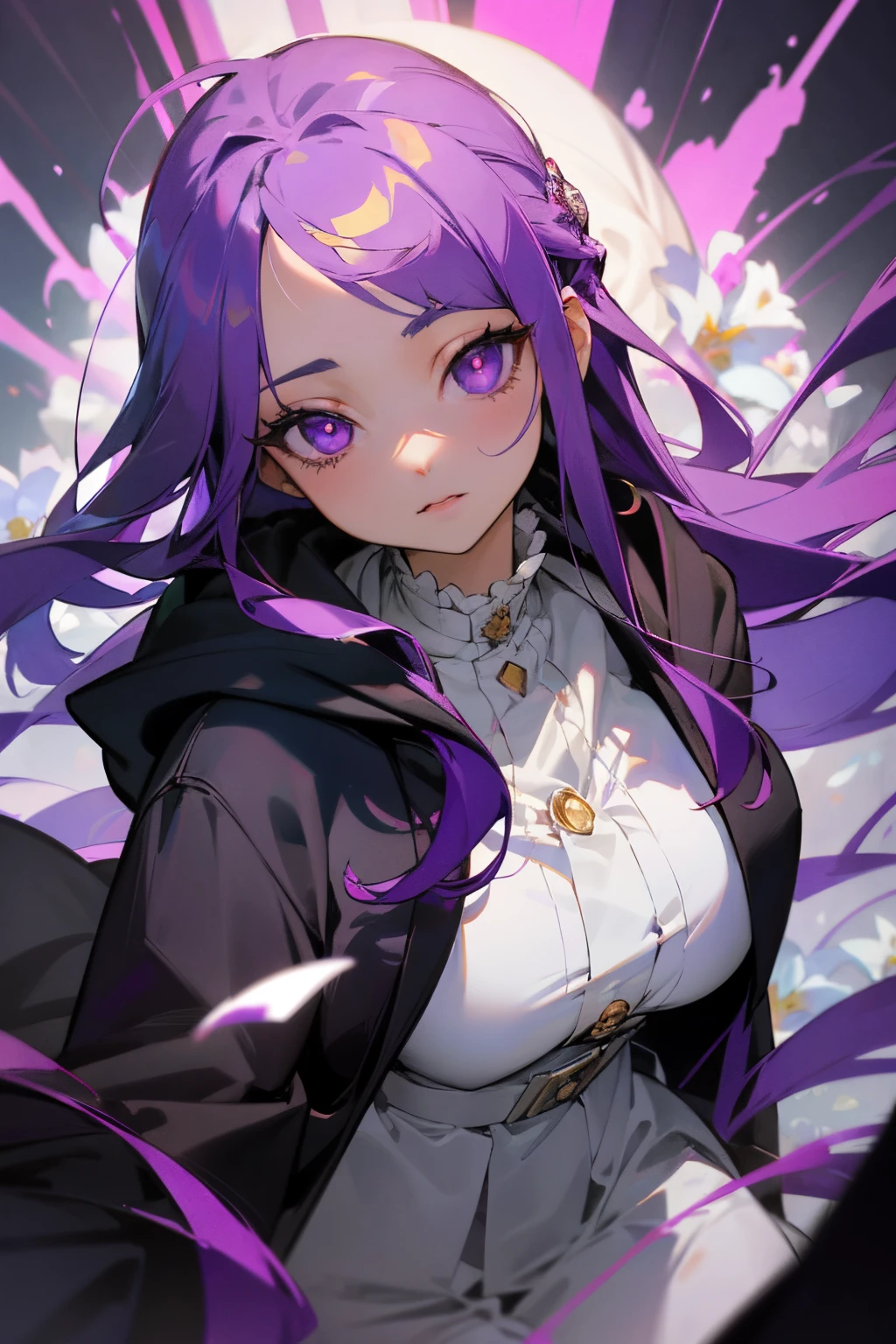 （（tmasterpiece，Best quality））1 busty girl，独奏， Ultra-detailed eyes，Purple colored hair, Long gray hair,side locks, hair adornments,a purple eye, hood down,white  shirt,jaket,Open your clothes,centerpiece,Flower field magic