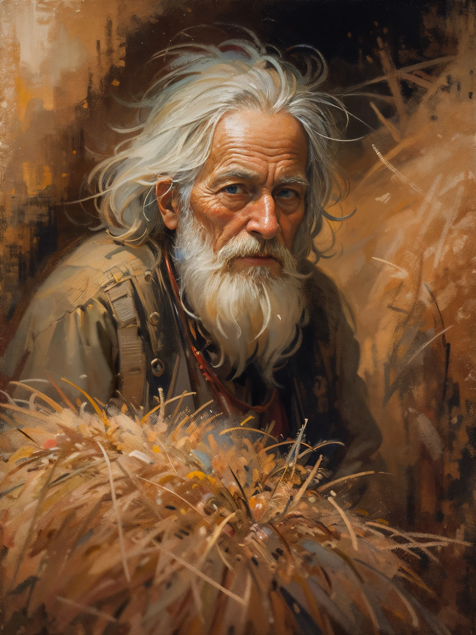 一幅油画，達文西藝術風格。干草堆里的老人, 凌乱的头发，Guviz 風格的藝術作品,，艺术创造力:1.37,甜的，奇妙又神奇，精美的，自然柔和的光線， 眼睛，
