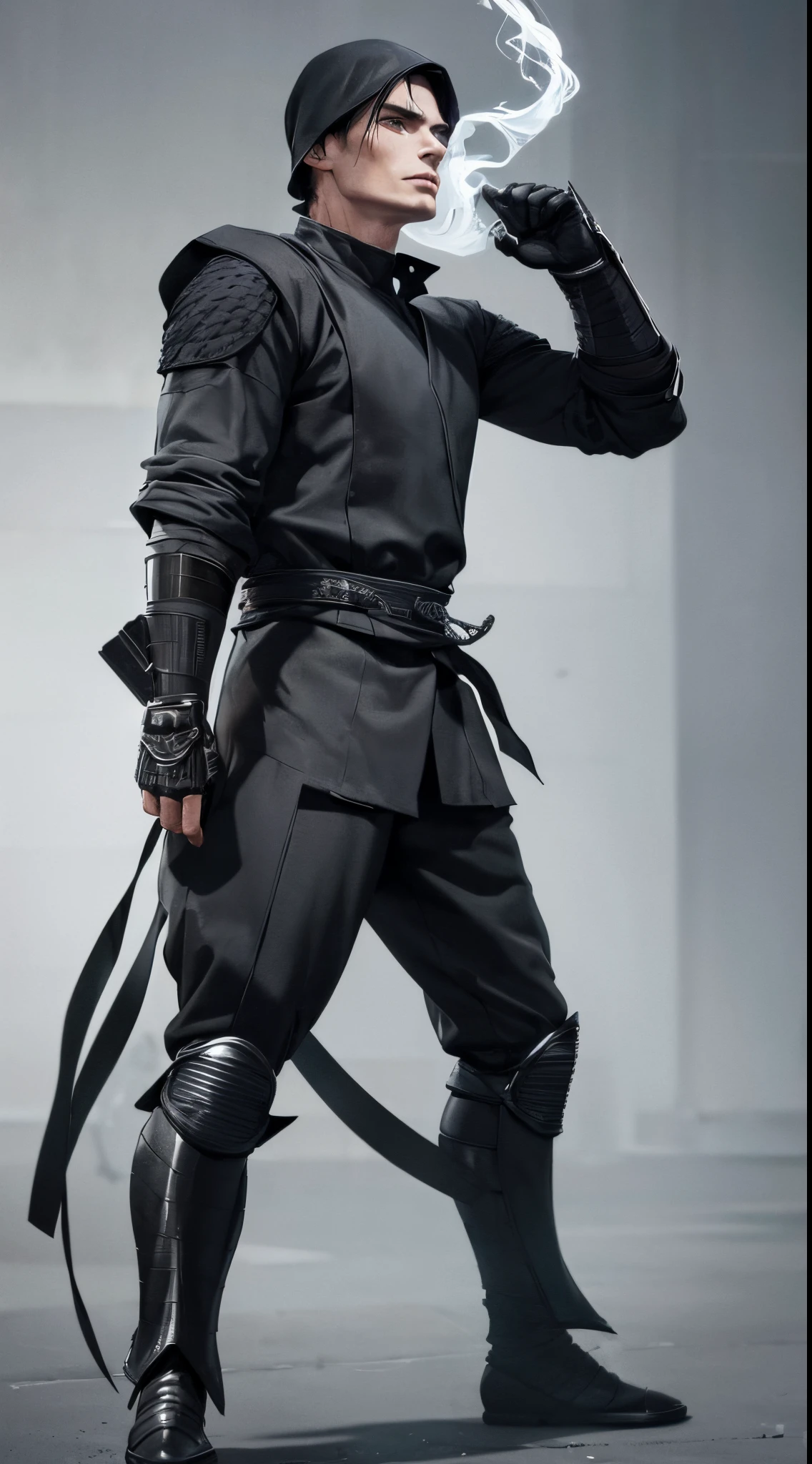 actor ((Cillian Murphy)) as Smoke from Mortal Kombat, fighting stance, light gray ninja-like outfit, black ninja mask, light gray gloves, light gray boots, intricate, high detail, sharp focus, dramatic, photorealistic painting art by greg rutkowski