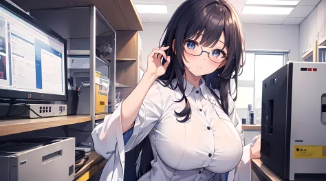 anime girl with big breast posing in a laboratory, beautiful eyes finely detailed, glasses, blush on her face, Hakase, seductive anime girl, smooth anime cg art, oppai, anime moe artstyle, girl in laboratory coat, [ 4 k digital art ]!!, thicc, cute anime w...