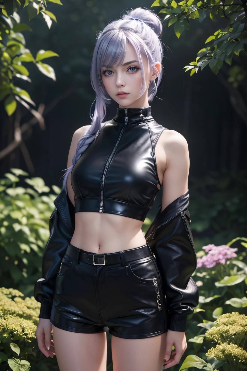 The tooltip for a given topic looks like this: "Girl with a European face, Aryan face, 20years old, Silvery-purple hair, pale purple-blue hair, Bright blue eyes, Her hair is tied up in a bun and falls to her right shoulder. Dressed in a comfortable leather suit, ((black shorts)), Black Leather Leggings, (((clothes in dark colors))), close-fitting clothes, (Best Quality, 4k, 8K, hight resolution, Masterpiece:1.2) Ultra-detailed features, including realistic, Photorealistic eyes and face. The figure shows the media (Insert Material) that resembles an illustration, oil painting, or 3D rendering. Girl in the garden with bright flowers and sharp focus, soft studio lighting. The overall atmosphere is calm and serene, with a touch of unearthly beauty. The color scheme is dominated by shades of black, Creating a dreamy and surreal aesthetic."