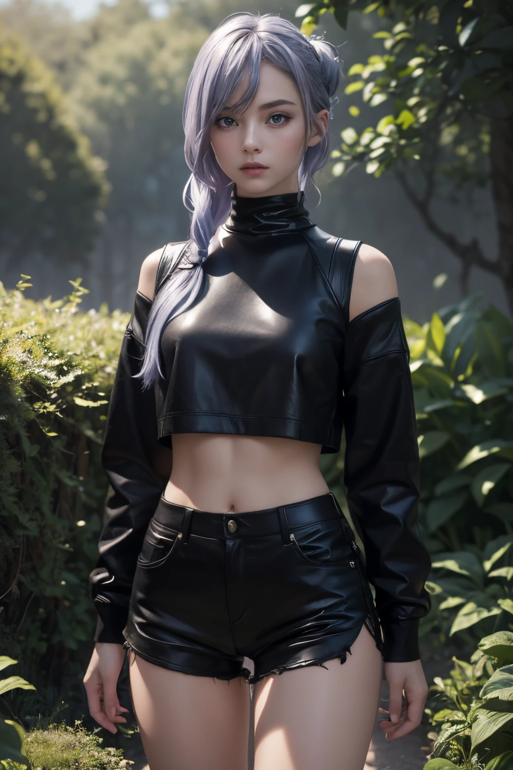 The tooltip for a given topic looks like this: "Girl with a European face, Aryan face, 20years old, Silvery-purple hair, pale purple-blue hair, Bright blue eyes, Her hair is tied up in a bun and falls to her right shoulder. Dressed in a comfortable leather suit, ((black shorts)), Black Leather Leggings, (((clothes in dark colors))), close-fitting clothes, (Best Quality, 4k, 8K, hight resolution, Masterpiece:1.2) Ultra-detailed features, including realistic, Photorealistic eyes and face. The figure shows the media (Insert Material) that resembles an illustration, oil painting, or 3D rendering. Girl in the garden with bright flowers and sharp focus, soft studio lighting. The overall atmosphere is calm and serene, with a touch of unearthly beauty. The color scheme is dominated by shades of black, Creating a dreamy and surreal aesthetic."