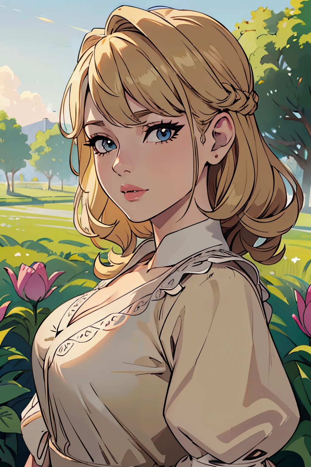 (master part:1.2), (best quality:1.2), olhos perfeitos, rosto perfeito, perfect lighting, 1girl, mature female in a field, medium blonde hair, curly hair, roupas detalhadas, fundo exterior detalhado, maquiagem, sombra, bushy eyelashes, fantasia, Looking at the Viewer, primavera