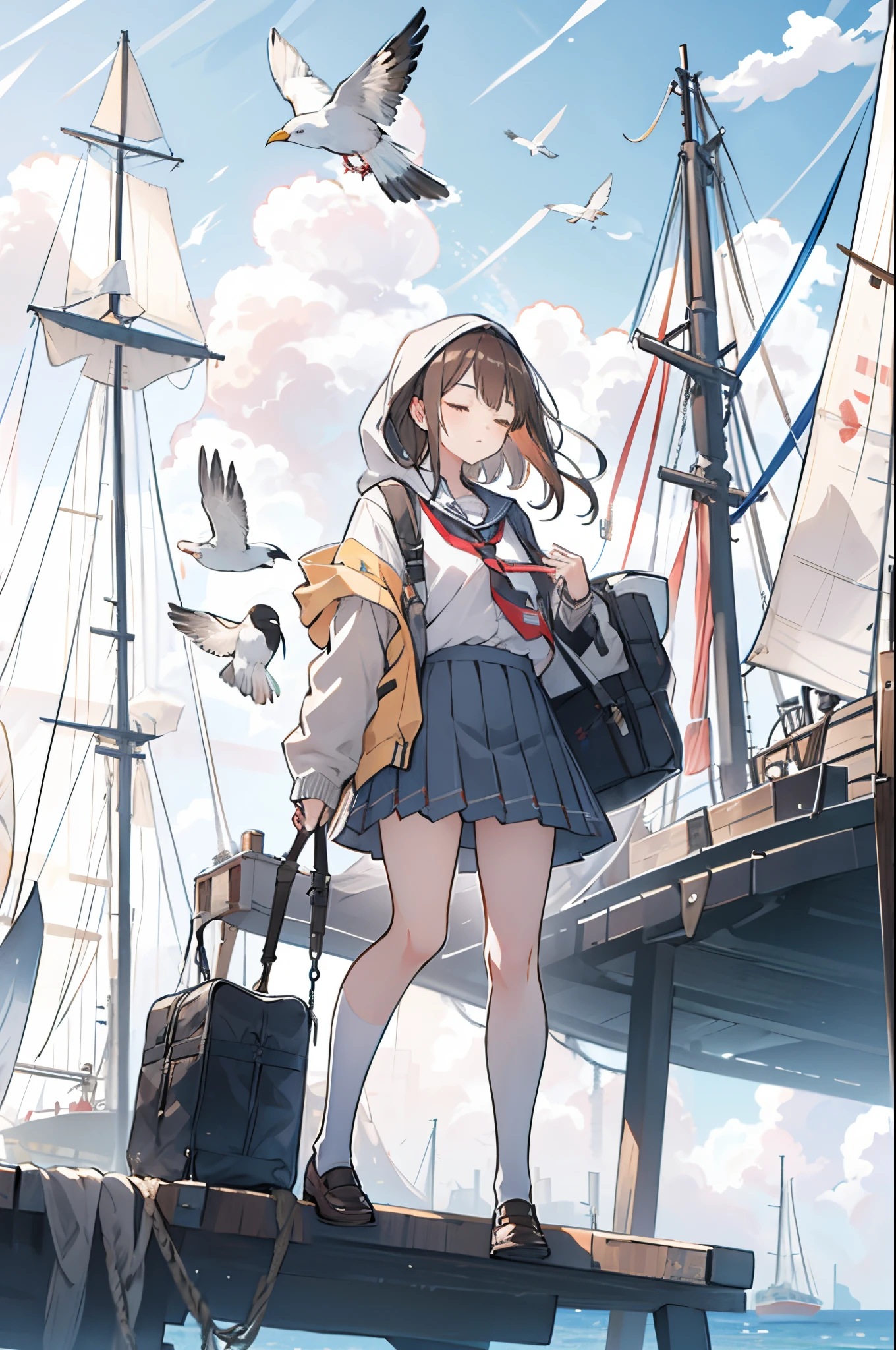 1girl, bird, watercraft, boat, solo, brown hair, skirt, sitting, outdoors, long hair, sky, shirt, jacket, blue sky, holding, white shirt, water, seagull, bag, necktie, closed eyes, plaid skirt, pleated skirt, long sleeves, collared shirt, wind, plaid, day, instrument, school uniform, floating hair, music, hood down, hood, closed mouth, playing instrument, bangs, medium hair, yellow jacket, swing, ship, coat, scenery, flock, holding instrument, white bird