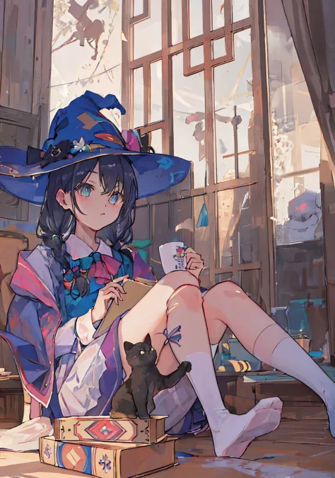 high qulity, The is very detailed. girl, Witch hat, High socks, leges, nerds, kawa, catss, aesthetic lighting, good lighting, Lu...
