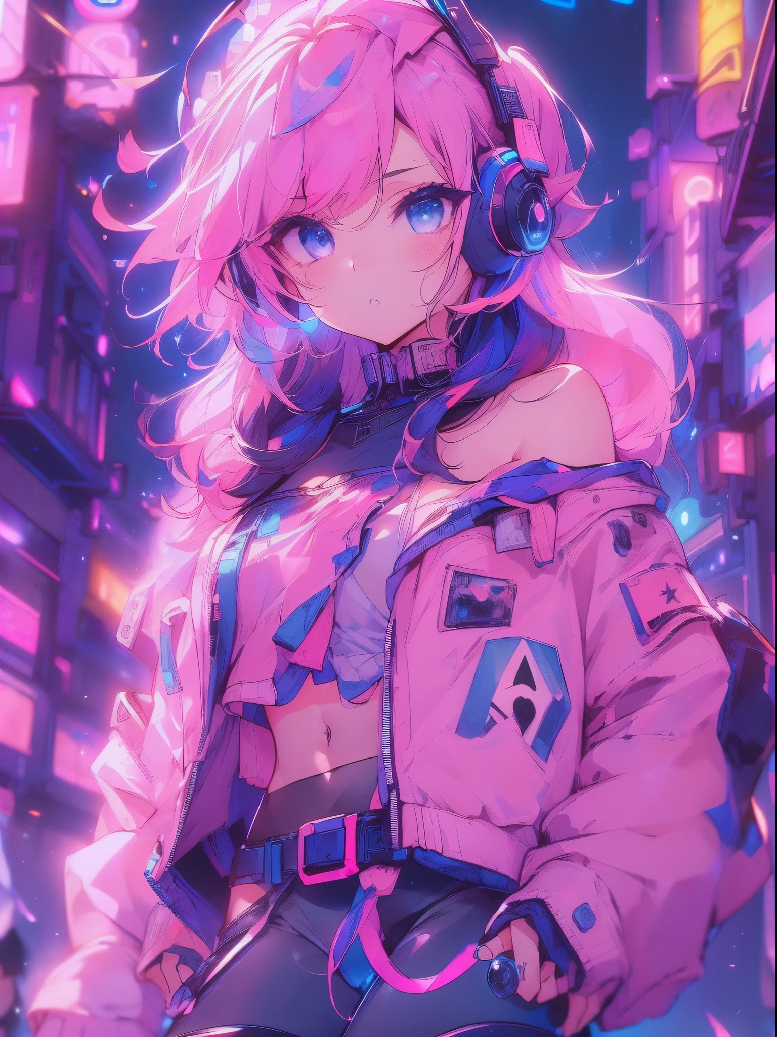 (Best quality, masterpiece:1.4), extremely details 8K unity CG wallpaper, high resolution, (anime style, 2D illustration), 1 girl, (cyberpunk impact), bad girl, ((pink Eye shadow)), (Expressionless), (Earmuffs:1.2), ((pink hair|blue hair|bob hair)), ((ahoge)), blue lipstick, poke face, ((White and purple Y2K jacket, off shoulder take off jacket on arms)), ((white camisole)), (navel:1.3), (black shorts:1.3), (black pantyhose:1.3), Canvas shoes, (((Cowboy shot, from below))), body face to viewer, walking at the street, model pose, BREAK (Perspective:1.3), Details street background, American street, (midnight:1.4), (blue and pink Neon lights:1.5)), (black sky:1.3), pink theme,