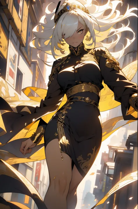 (looking at pov) highly detailed face, realistic face, golden katana, (oversized clothes:1.2), miniskirt,  (dark coat with ornat...