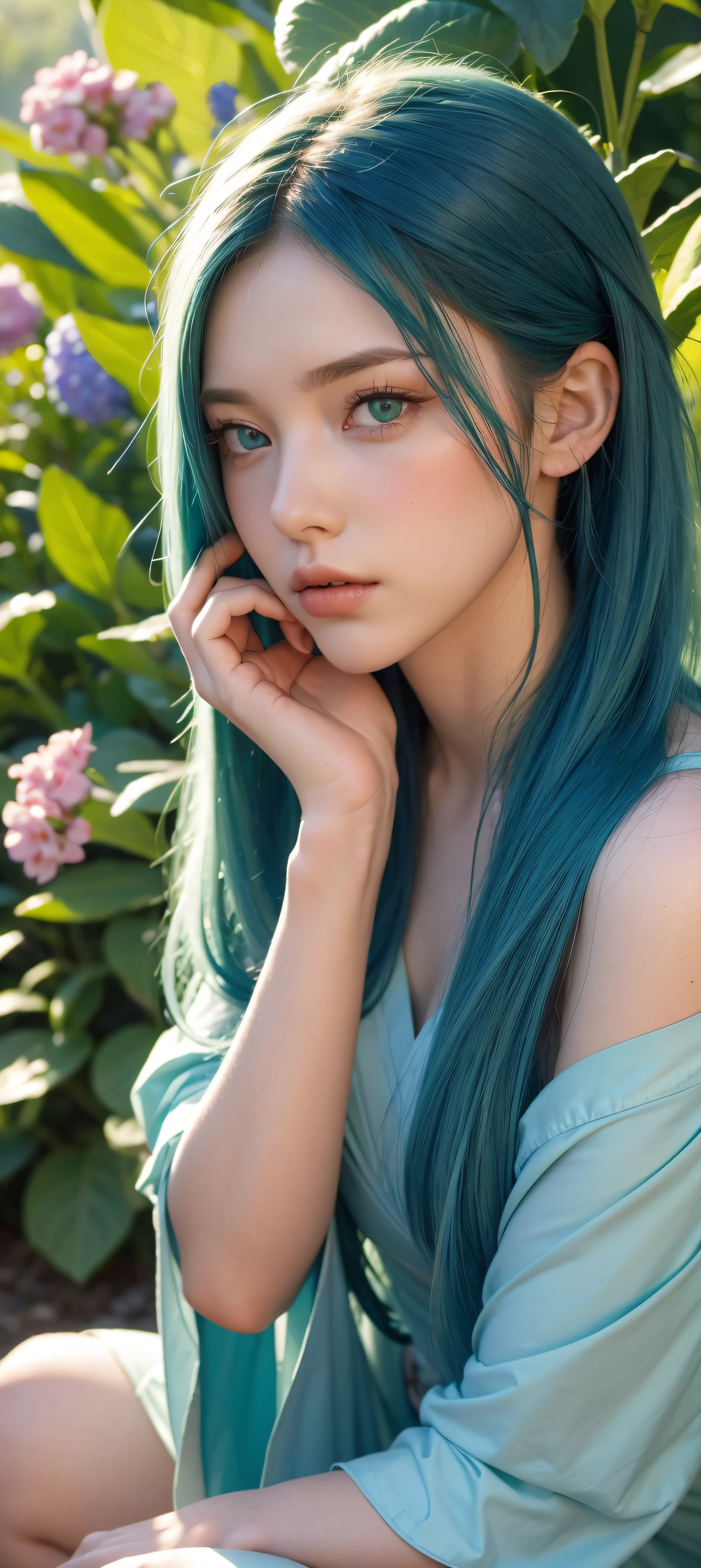 8K, cru, (Obra de arte, melhor qualidade),1 garota com longos cabelos azuis-esverdeados sentada em um campo de plantas e flores verdes, olhos verdes detalhados, a mão sob o queixo, iluminação quente, lindo vestido vermelho, lindo primeiro plano