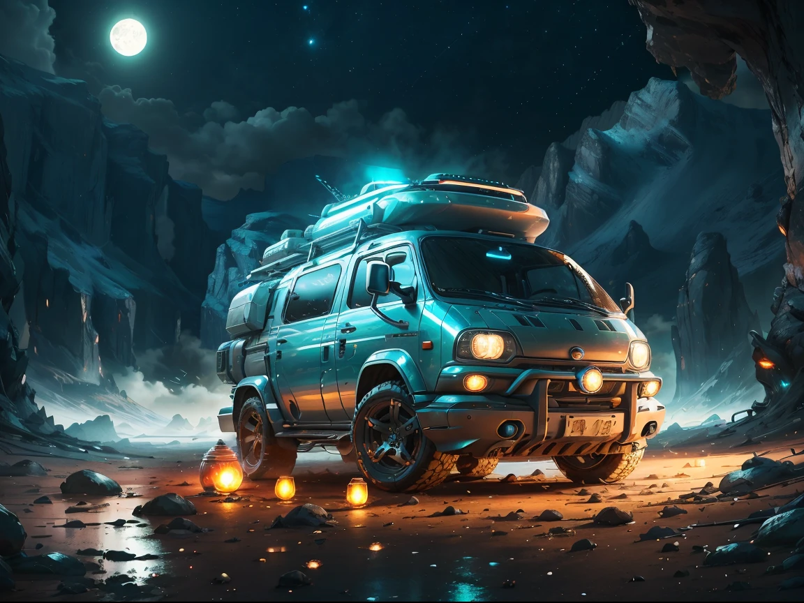 concept-art, best qualtiy，tmasterpiece，Ultra-high resolution，photograph realistic：1.4，  Ultra-detail，[A futuristic(LunarPunkAI:Campervan),Colorful LED lights,Smooth curves,(streamlined line design)]。cozily, camping, vivd colour, Reflection,Surrounded by nature,lush landscape。