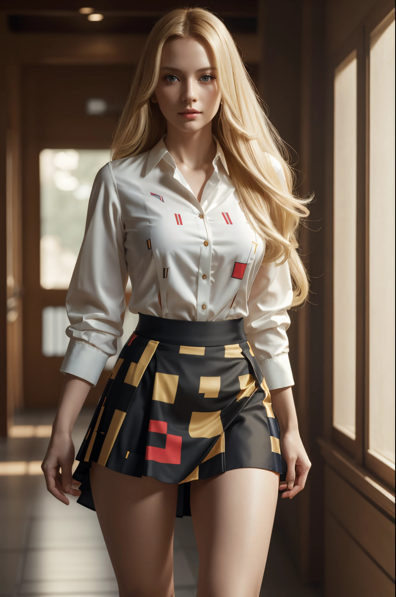 Una hermosa, Mujer rubia de pelo largo con una blusa con estampado Mondrian y una falda corta., caminando como una bailarina de ballet, Iluminación sensual 8k, iluminación cálida, 4k extremadamente fotorrealista, cgsociety uhd 4k muy detallado, tendencia en cgstation