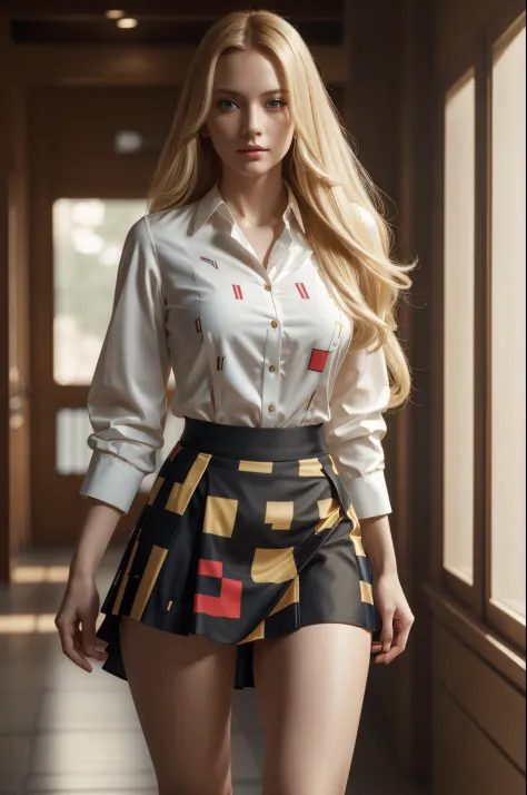 A beautiful, long haired blonde woman in a Mondrian print blouse and short skirt, walking like a ballet dancer, 8k sensual light...