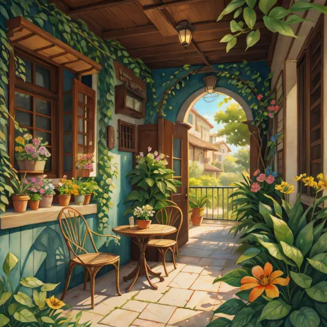 JZCG021,Flower Store,Coffee Spot,A table,chairs,no one,windows,Flowers,vegetation,flower pot,watercolor (medium),landscapes,Gate...