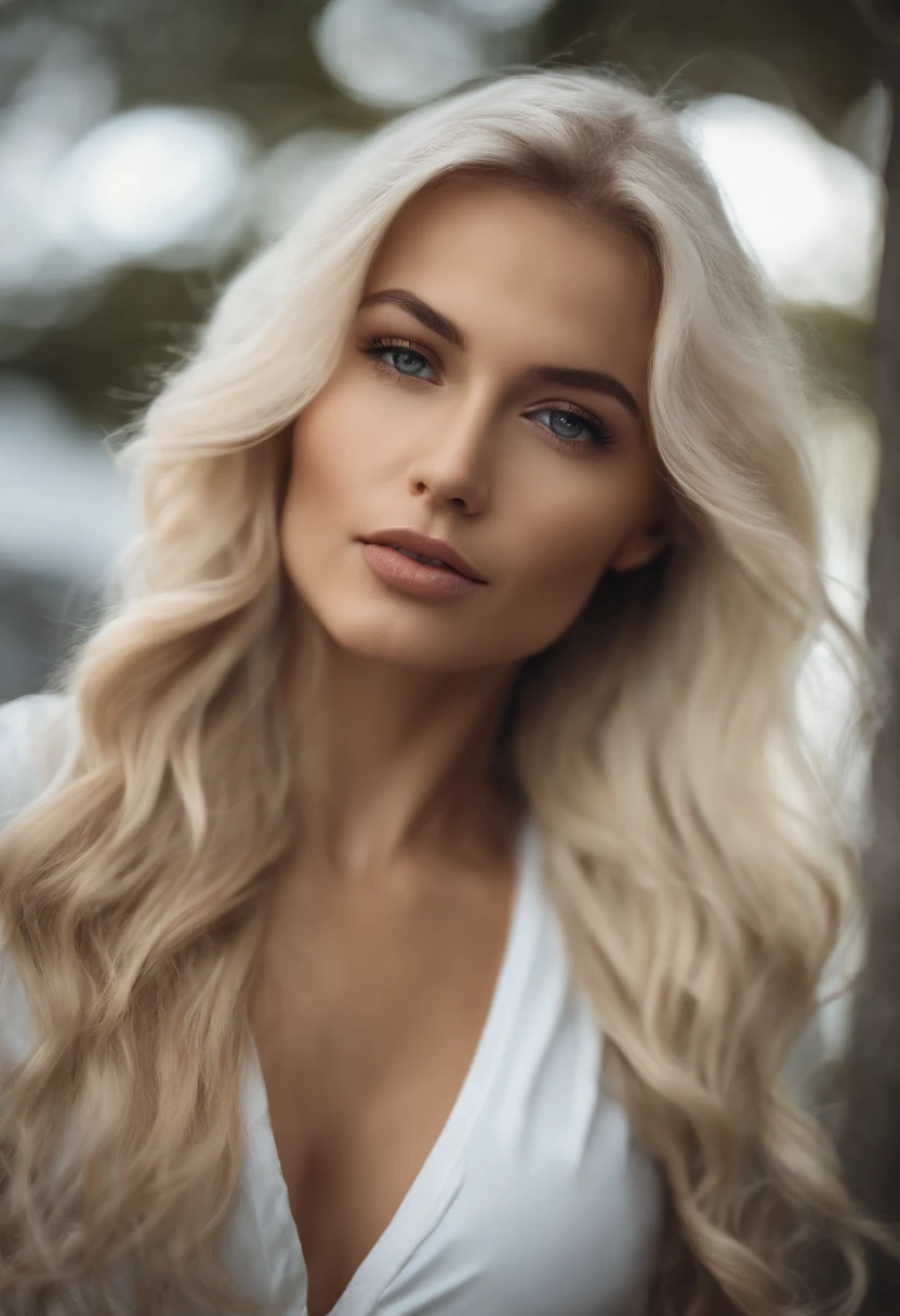 A woman with long blonde hair and a white top posing for a picture - SeaArt  AI