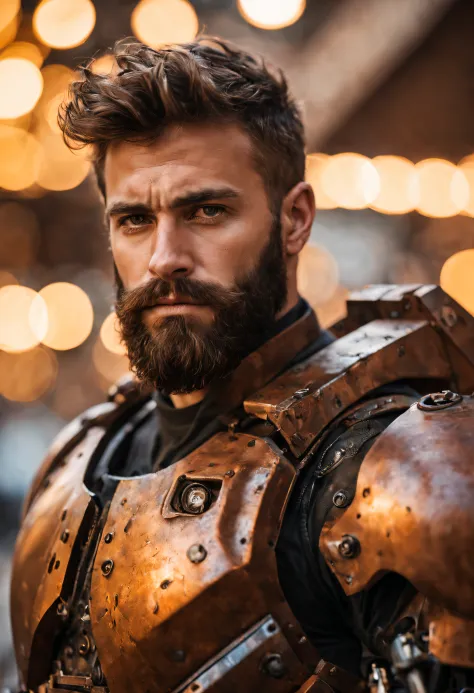 Portrait photo of muscular bearded guy in a worn mech suit, ((light bokeh)), intricate, (steel metal [rust]), elegant, sharp focus, photo by greg rutkowski, soft lighting, vibrant colors, (masterpiece), ((streets)), (detailed face:1.2),