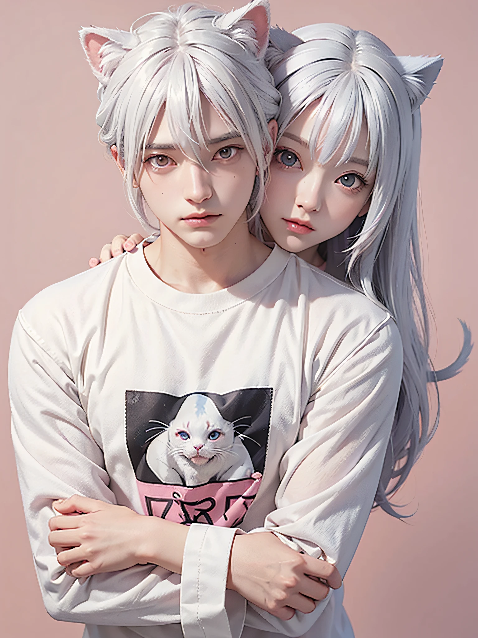 Male 1, white hair, Red eyes, cat ear, ((Anime style)), pajama shirt, soft colors, Pink background, Soft stroke