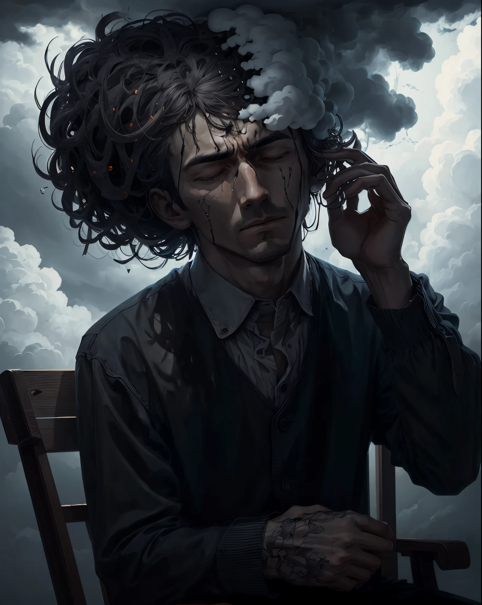 man sitting in chair with his head in his hands, gloomy, dark cloud with the word "stress" above his head, dark background, line art