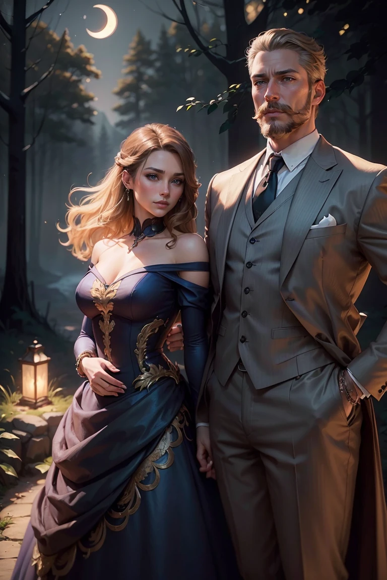 ((A couple in love)), ((woman with brown hair wearing a blue gown)), standing with ((a masculine man with short blonde hair and a full blonde beard with mustache, in a grey suit)) hair with many details, 8k artgerm bokeh, fanart best artstation, render photorealistic, guweiz-style art, inspired by WLOP, ig model | artgerm, detailed waist up portrait, stunning wait up portrait of realistic face, beautiful waist up portrait, deviantart artstation cgscosiety, cinematic realistic portrait, high quality portrait, elegant digital painting, photorealistic artstyle, ((night sky in the woods with crescent moon background))