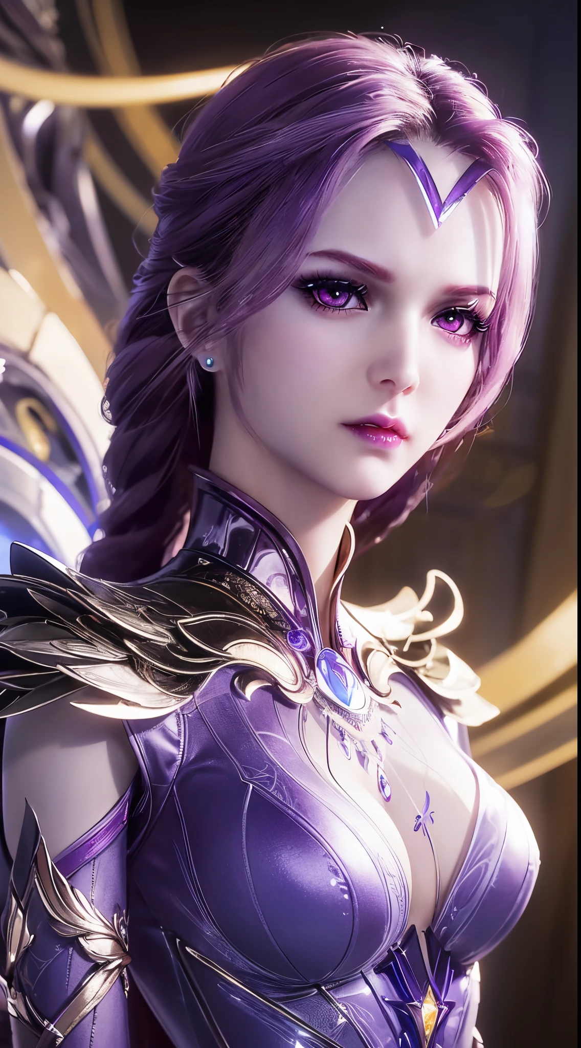 1 Sexy goddess wearing sexy purple armor, There are many complex and delicate patterns on the armor, thin armor, deep slit shirt, long, silky purple hair, Wearing a purple and silver spear cap, The most beautiful、The most delicate hair accessories, Pretty little face and thin eyebrows, The most beautiful、Spotless face, ((black iris:0.8)), verybeautifuleyes, big and round eyes, ((dark purple eyes:1.1)), Exquisite makeup eyelashes, a tall nose, Wear earrings, small red lips, rosy face, Clean face, Beautiful face without blemishes, smooth fair skin, ((Large breasts: 0.9)), blossom flower, ((bigger, Round chest:0.9)), ((super tight breasts:1.2)), ((breast enhancement: 0.8)), beautiful boobs, Slim petite body, ((big chest and thin waist: 0.9)), Upper body of a beautiful girl, Hot and sexy petite body, Sexy girl, a skirt, 8k photograph, Super quality, hyper realisitc, 10x super pixels, Shoot real, dark studio, Bezel light, dichroic light, (Detail skin high: 1.2), 8k ultra high definition, SLR camera, Soft lighting, high high quality, volumettic light, Frankness, photore, A high resolution, optics, The best photos, 4k画质, 8K, bokeh, Smooth and sharp, 10x more pixels, (background space: 1.8), (galaxias: 1.7), extreme light, safe, Super graphics, The most realistic graphics,(Aurorabackground: 1.8), Alone, Alone, Portrait 9:16, Extremely sharp, surreal image,