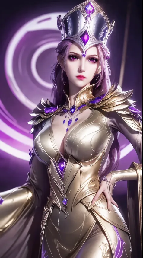 1 Sexy goddess wearing sexy purple armor, There are many complex and delicate patterns on the armor, thin armor, deep slit shirt...