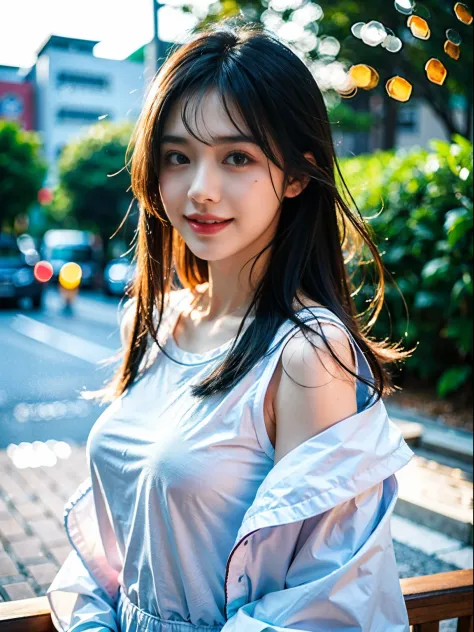 8k resolution, instant photo, best quality, masterpiece:1.2, realistic, photorealistic:1.4, ultra-detailed, professional, vivid colors, soft lighting, bokeh, upper body, 18-year-old cute Japanese idol, delicate girl with long black hair, white shirt:1.5, s...