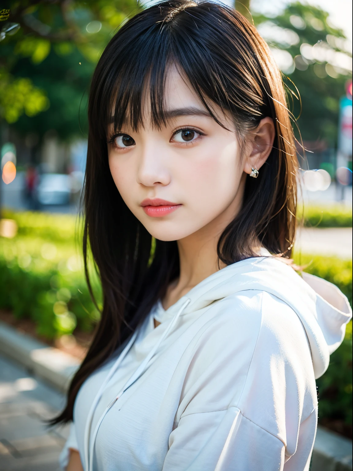 A close up of a woman with long hair wearing a white hoodie - SeaArt AI