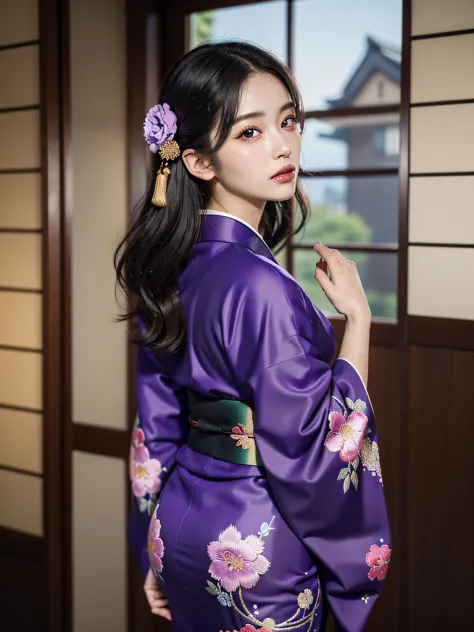 (beautiful model in japanese kimono commercial, beautiful straight long black hair), solo, ((face is 80% beauty and elegance, 20...