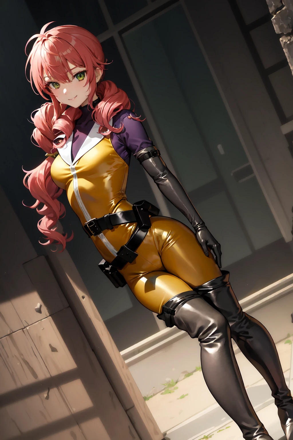 masterpiece, best quality, absurdres, perfect anatomy, 1girl, solo, Feldt Grace, FeldtSuit, long hair, twintails, elbow gloves, thigh boots, belt, skin thigh, yellow bodysuit, cowboy shot, standing, smile, dynamic pose, outdoors