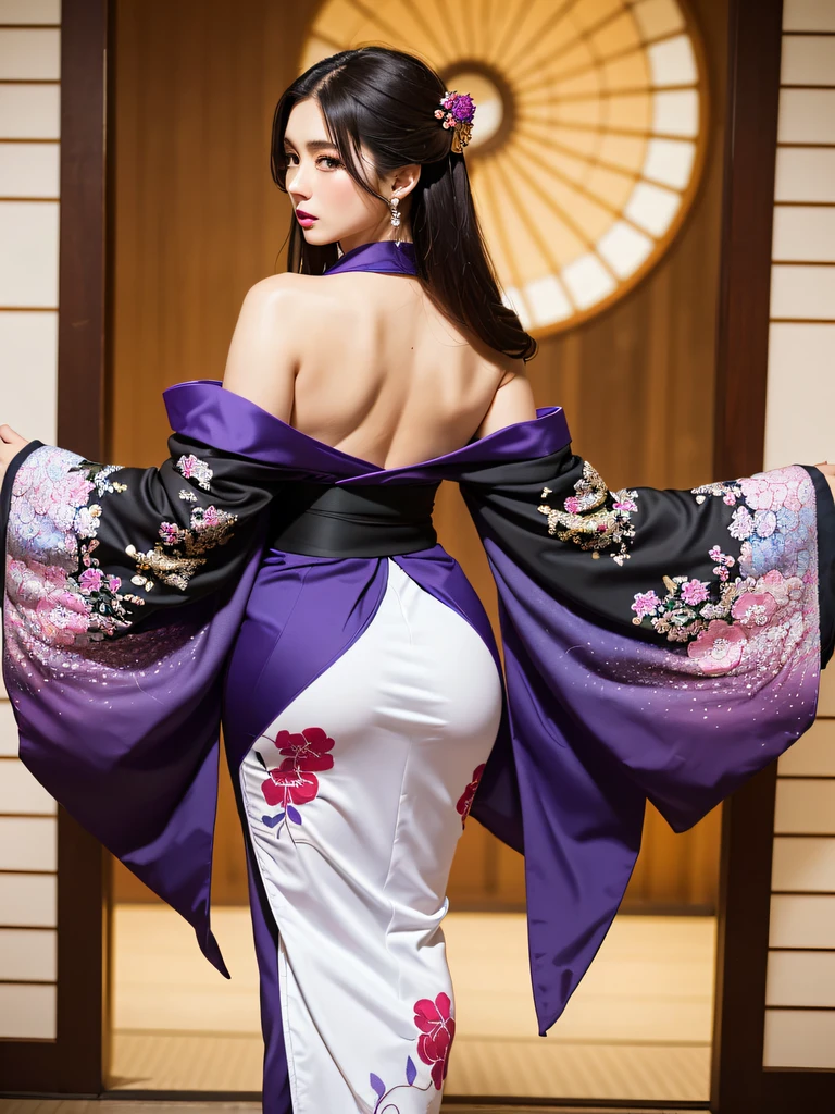 (Schönes Model im japanischen Kimono-Werbespot, schöne glatte lange schwarze Haare), Allein, ((Gesicht ist 80% Schönheit und Eleganz, 20% hübsch und niedlich:1.5)), klare Augen, (Detaillierte Augen, Hellgrüne Augen, Kluge Schüler), Doppelte Augenlider, (sexy Lippen mit etwas Fülle:1.2), ((Super detailliert and incredibly high resolution Deep-purple Kimono:1.2)), Hochdetaillierte Gesichtstextur, Markante Körperform, kurvige und sehr attraktive Frau, hochauflösendes RAW-Farbfoto Profi-Foto, brechen ultra high-resolution textures, Hochauflösendes Körper-Rendering, große Augen, beispielloses Meisterwerk, unglaublich hohe Auflösung, Super detailliert, atemberaubende Keramikhaut, brechen ((Rückseite, um das Muster des Kimonos zu zeigen:1.5)), ((Das Tragen eines Yohen-Tenmoku-Kimonos mit viel glitzerndem Dunkelviolett:1.5)), ((Die Hauptfarbe ist Dunkelviolett und der Yohen-Tenmoku Kimono hat sehr bunte Stickereien:1.2)), (Halbkragen und Obi sind weiß) ,(aufwendig gefertigter klassischer japanischer Yohen-Tenmoku Kimono), ((Das Stickmuster ist ein Yohen Tenmoku-Muster, das an den Weltraum erinnert):1.2), ((aufwendig und elegant verzierter dunkelvioletter Kimono)), (Aufgenommen vor einem runden Fusuma-Fenster in einem Raum im japanischen Stil)) brechen ((beste Qualität, 8k)), Scharfer Fokus:1.2, (Lagenschnitt, groß:1.2), (Schöne Frau mit perfekter Figur:1.4), (Schöne und elegante Rückansicht:1.3), Slender waist, (Richtige Handform:1.5), (Ganzkörperaufnahme | Cowboy-Schuss)