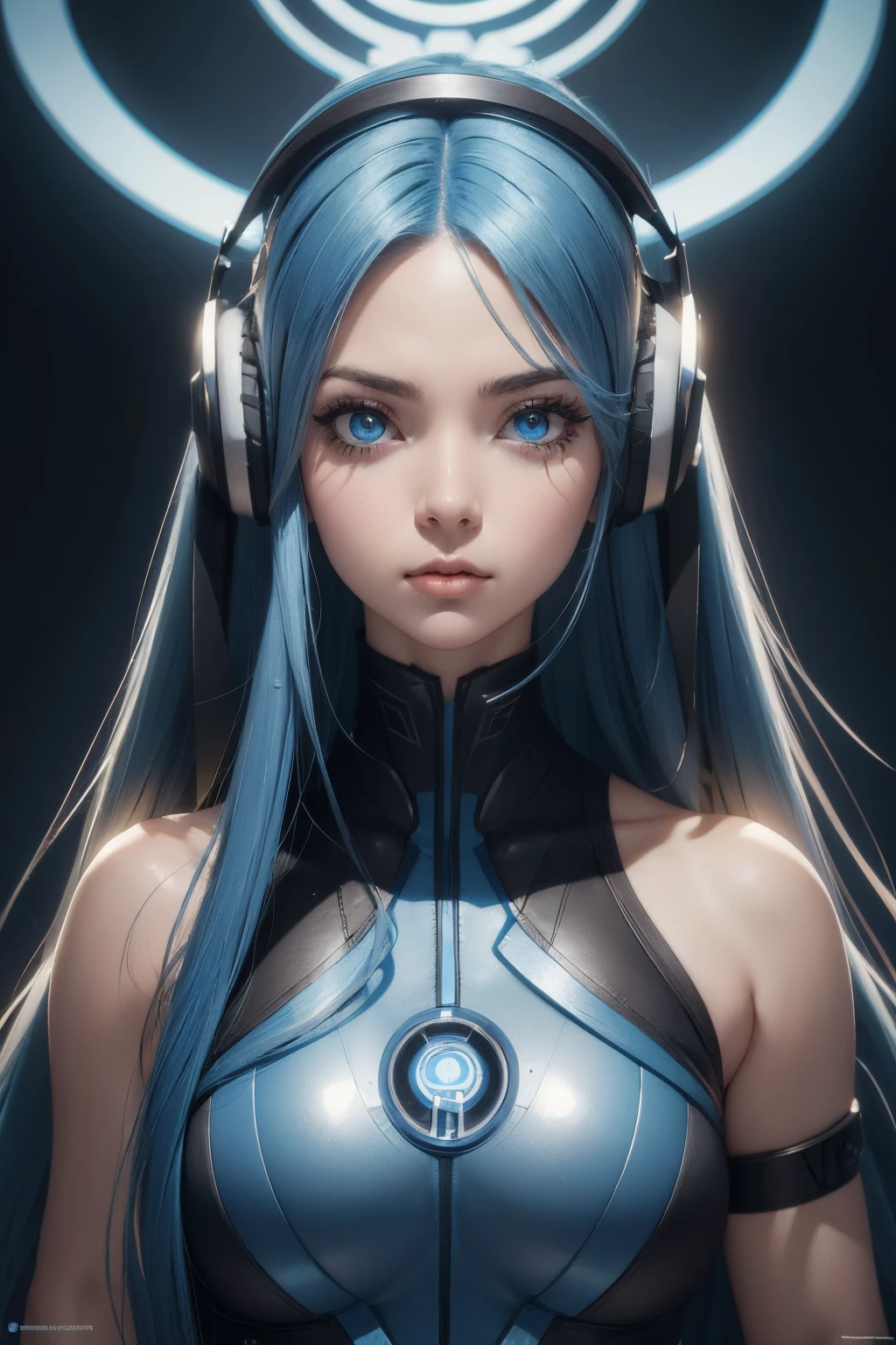 girl with long blue hair, blue eyes, futuristic vibes, mask on mouth, headphones, 8k, high quality, simple background, glowing eyes, nice pose