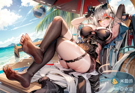 Anime girl lying on a beach chair holding an umbrella, azur lane style, Translucent fluid flowing from the《Azure route》videogame, Fleet collection style, Detailed pubic hair. Girl Front, from the girl, Popular topics on cgstation, 《Azure route》The characte...