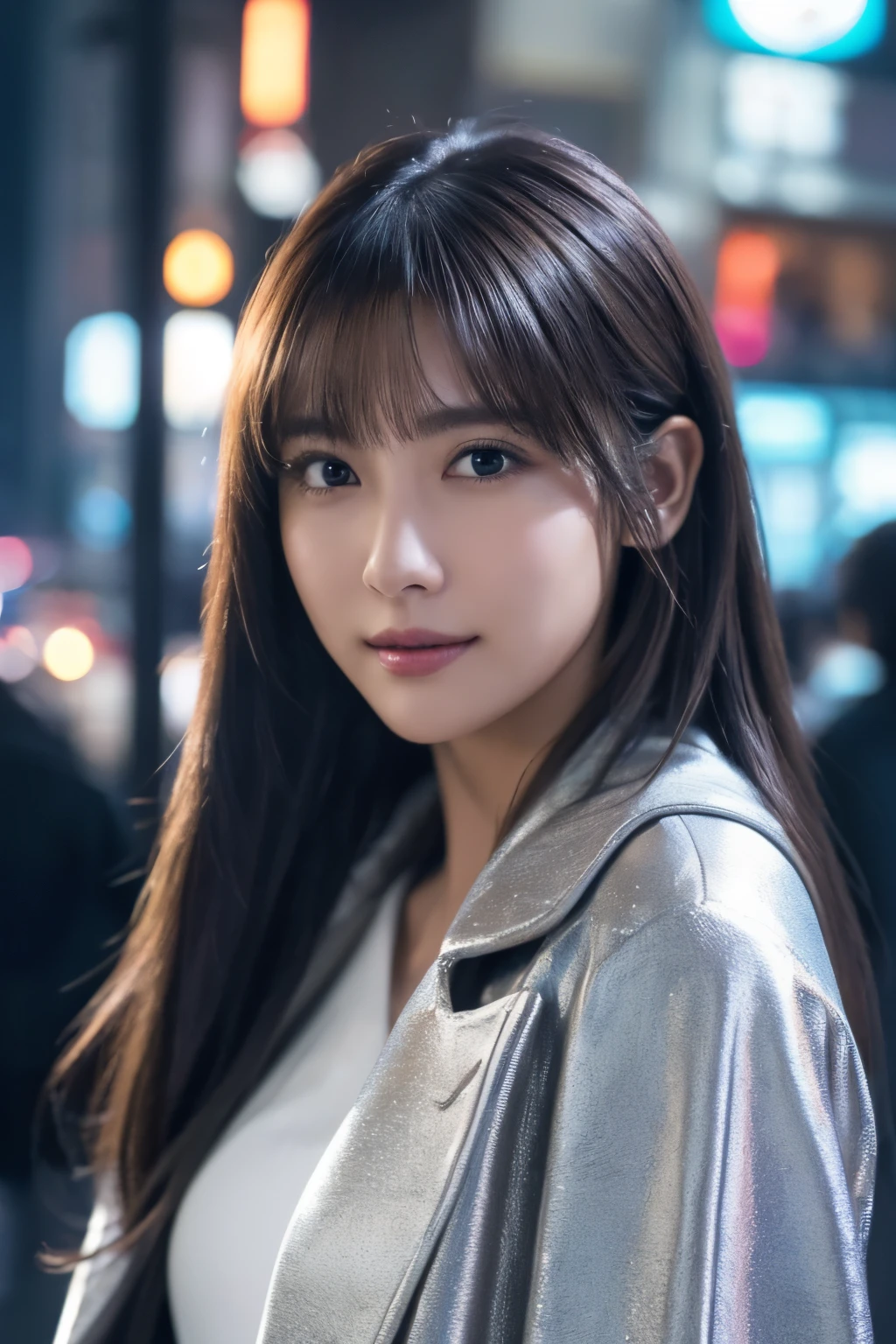 1girl in, (wear a platinum coat:1.2), (Raw photo, Best Quality), (Realistic, Photorealsitic:1.4), masutepiece, Extremely delicate and beautiful, Extremely detailed, 2k wallpaper, amazing, finely detail, the Extremely Detailed CG Unity 8K Wallpapers, Ultra-detailed, hight resolution, Soft light, Beautiful detailed girl, extremely detailed eye and face, beautiful detailed nose, Beautiful detailed eyes, Cinematic lighting, illumination of the city at night, Perfect Anatomy, Slender body, Taut, 
Straight semi-long hair, Bangs, Looking at Viewer, A slight smil