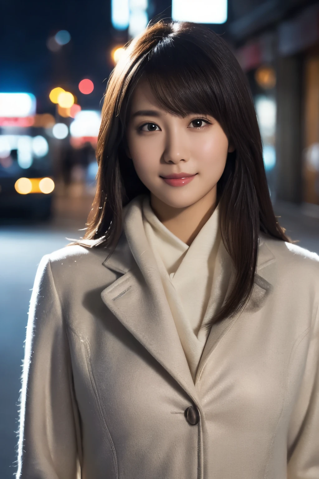 1girl in, (wear a platinum coat:1.2), (Raw photo, Best Quality), (Realistic, Photorealsitic:1.4), masutepiece, Extremely delicate and beautiful, Extremely detailed, 2k wallpaper, amazing, finely detail, the Extremely Detailed CG Unity 8K Wallpapers, Ultra-detailed, hight resolution, Soft light, Beautiful detailed girl, extremely detailed eye and face, beautiful detailed nose, Beautiful detailed eyes, Cinematic lighting, illumination of the city at night, Perfect Anatomy, Slender body, Taut, 
Straight semi-long hair, Bangs, Looking at Viewer, A slight smil