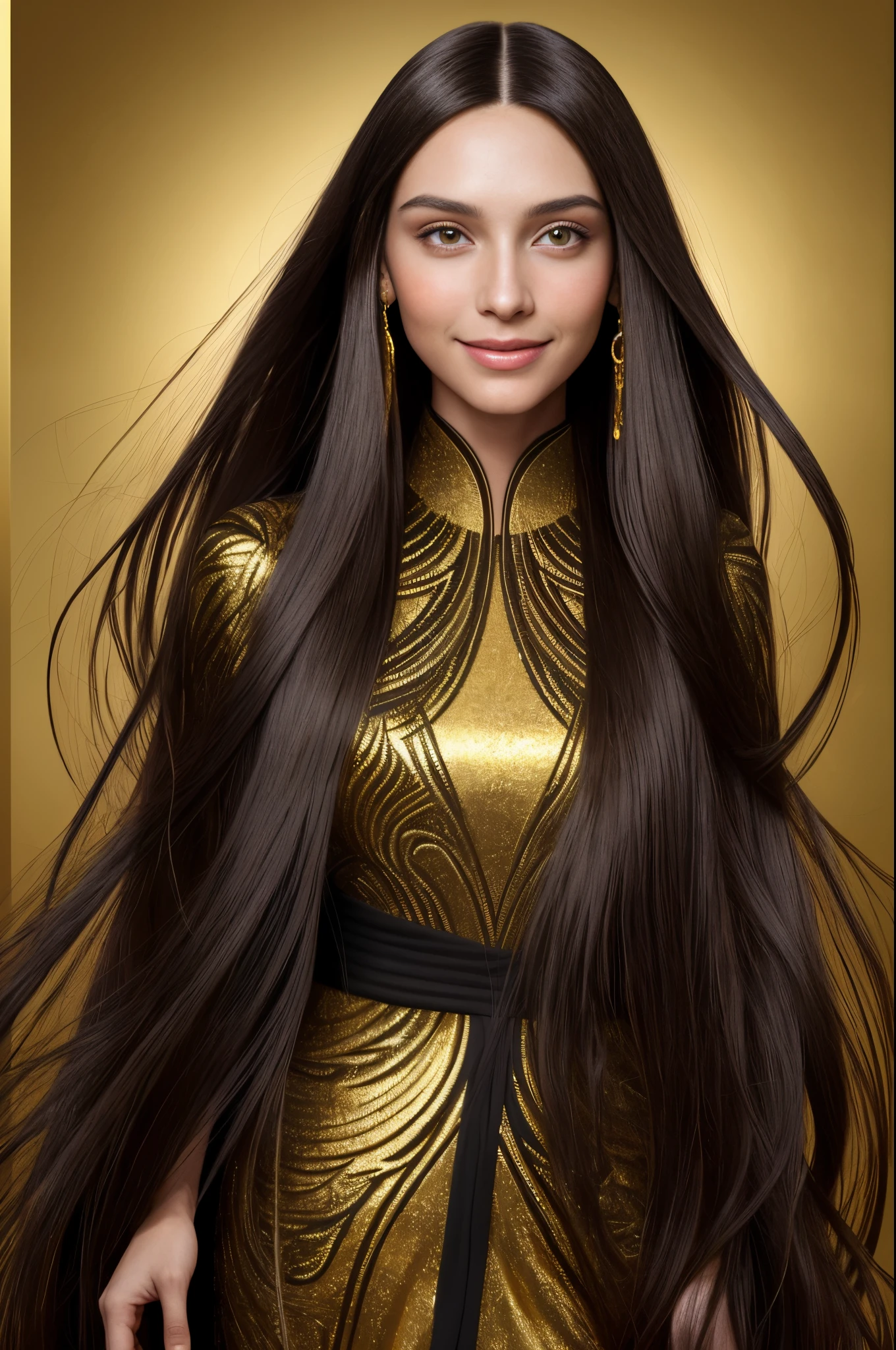 世界上最完美的黑发女人长直发, 穿着奢华的黑色, 测试, 高度现实, 皮肤发红, 美丽的, 微笑, 轻松愉悦的感觉, 超现实主义, 非常精致的皮肤, 直视, 黑色和金色的金属背景