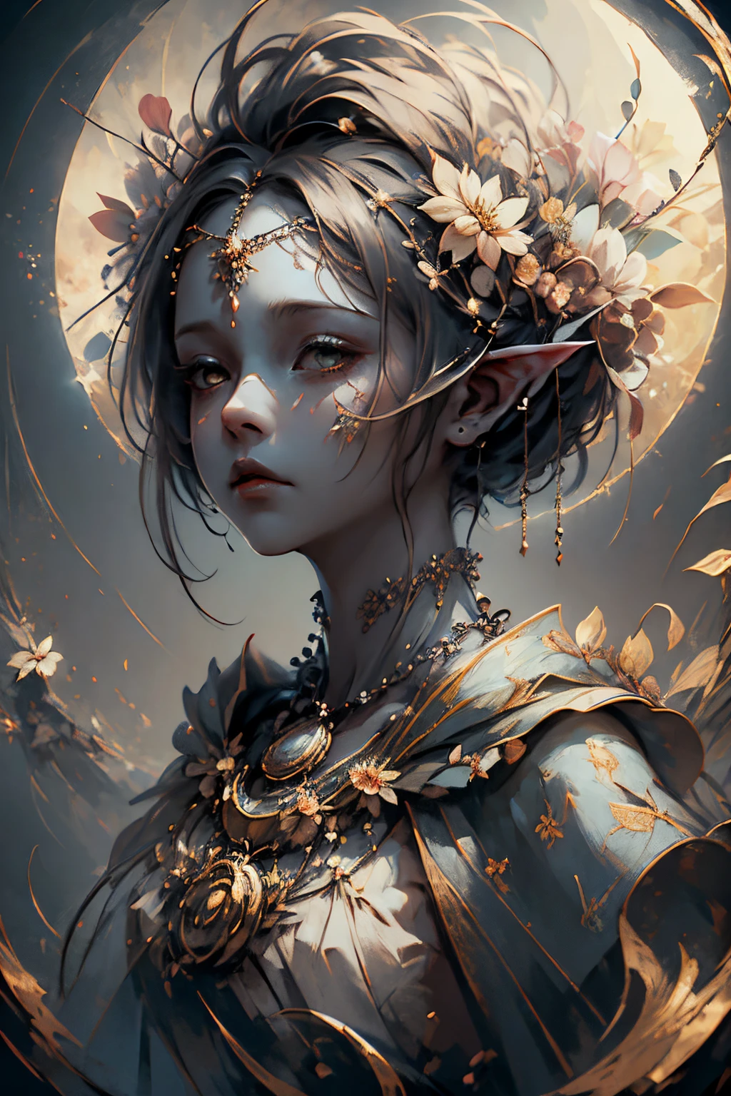 (masterpiece, highres, detailed, 4k, 8k, wallpaper) upper body girl capture, off shoulder, small bust, floral on head, full floral background, close up shot, detailed, short hair, jewerly, necklace, apttern, abstract, artstyle, fantasy, backlight, cinematic, dark tone