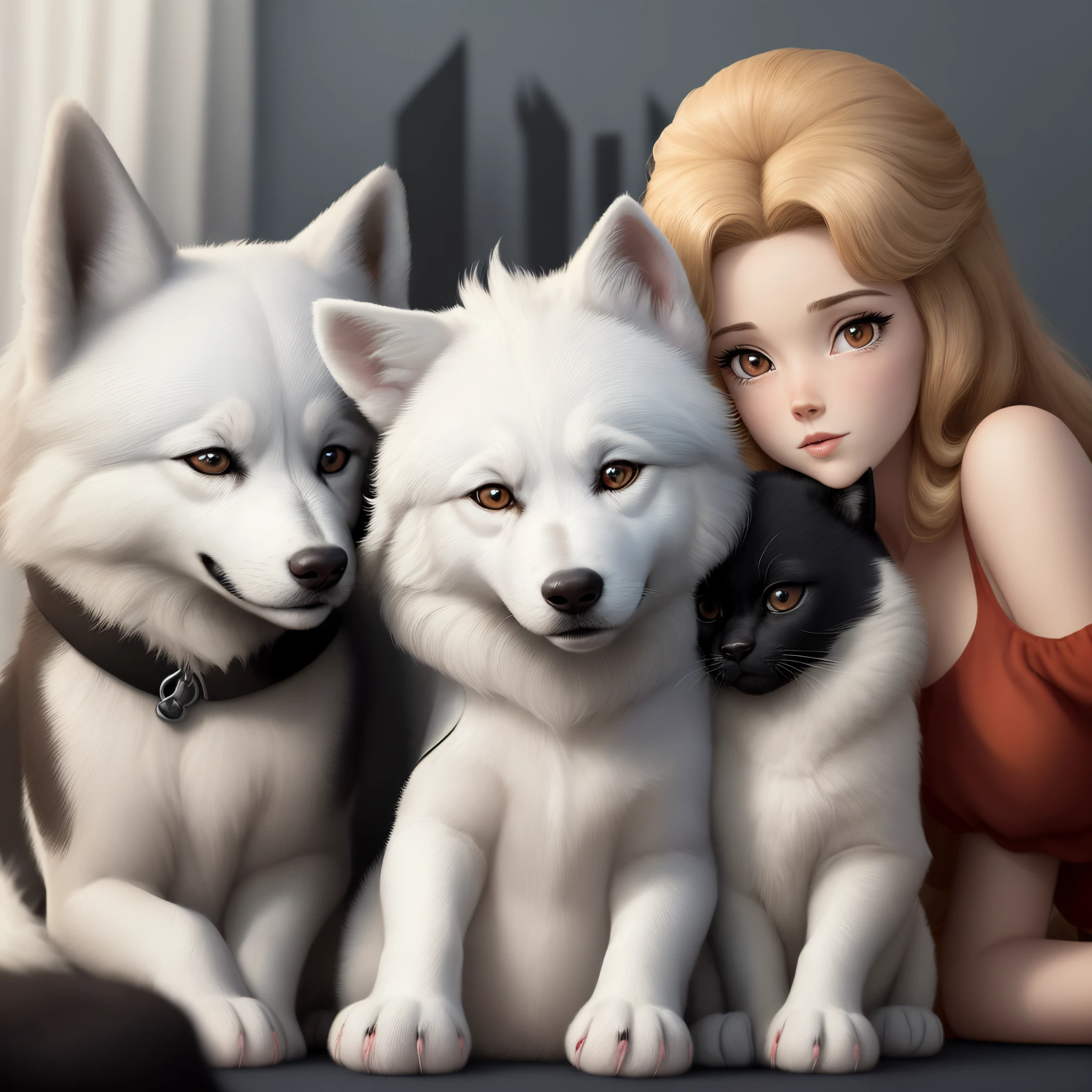 Anime girl with three white dogs sitting on the floor - SeaArt AI