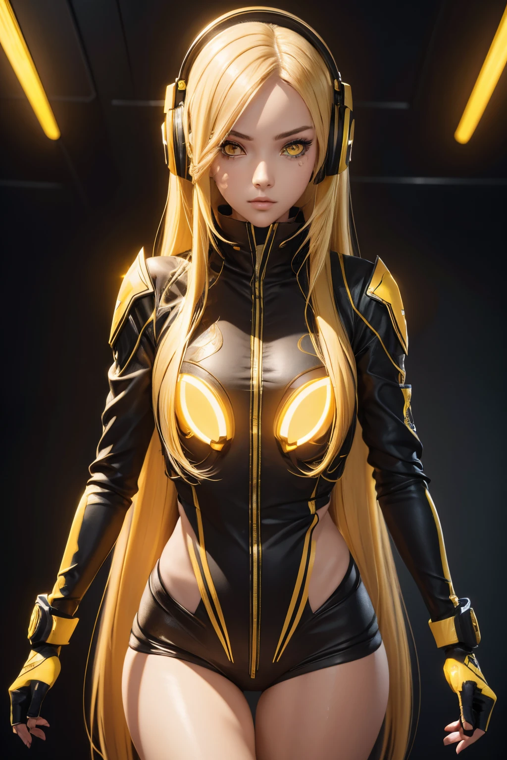 girl with long yellow hair, yellow eyes, futuristic vibes, mask on mouth, headphones, 8k, high quality, simple background, glowing eyes, nice pose