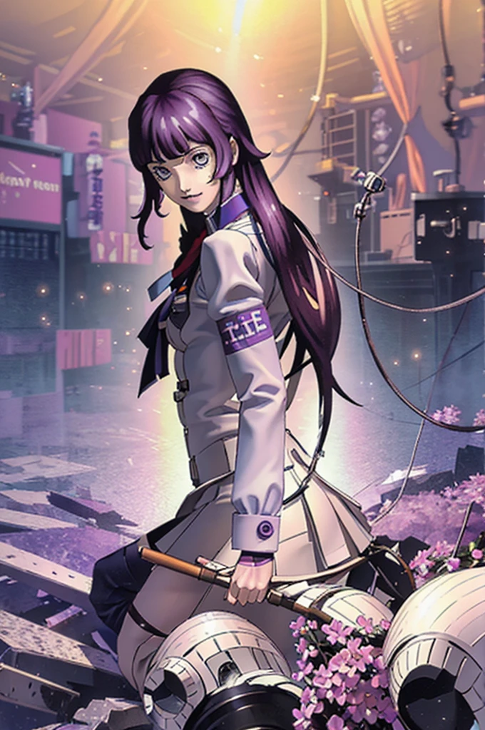 best quality, masterpiece, purple hair, girl, greyish blue eyes, full body, cute, school uniform, light smile