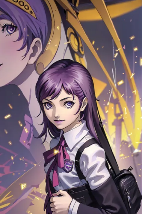 best quality, masterpiece, purple hair, girl, greyish blue eyes, full body, cute, school uniform, light smile