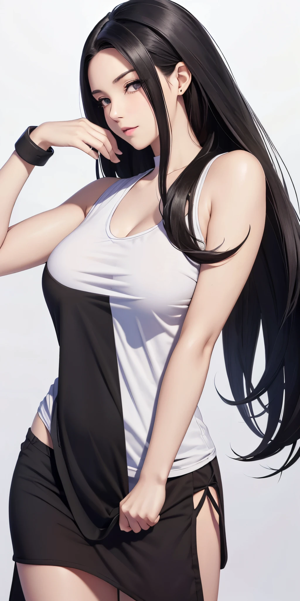 A woman with long black hair and a white top posing - SeaArt AI